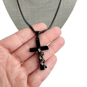 New FaithHeart Black Latin Cross 3 Silver Rings Rolo Chain Necklace